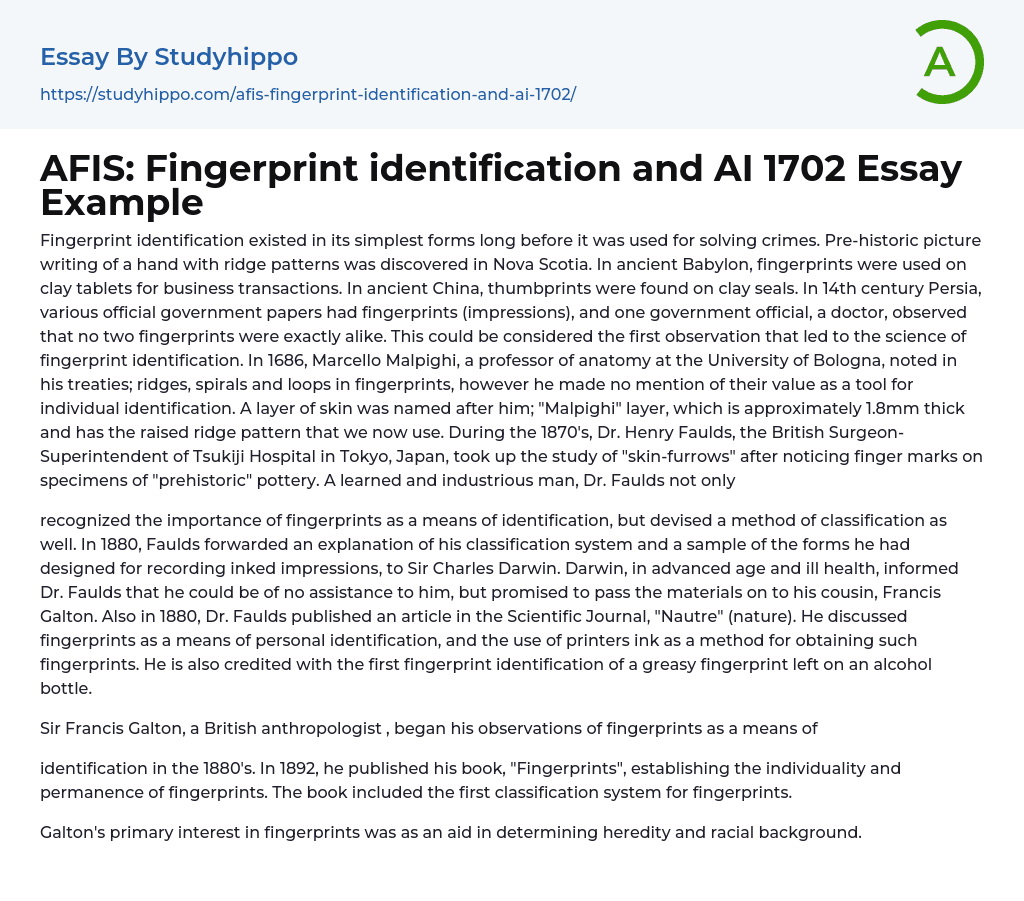 AFIS: Fingerprint identification and AI 1702 Essay Example