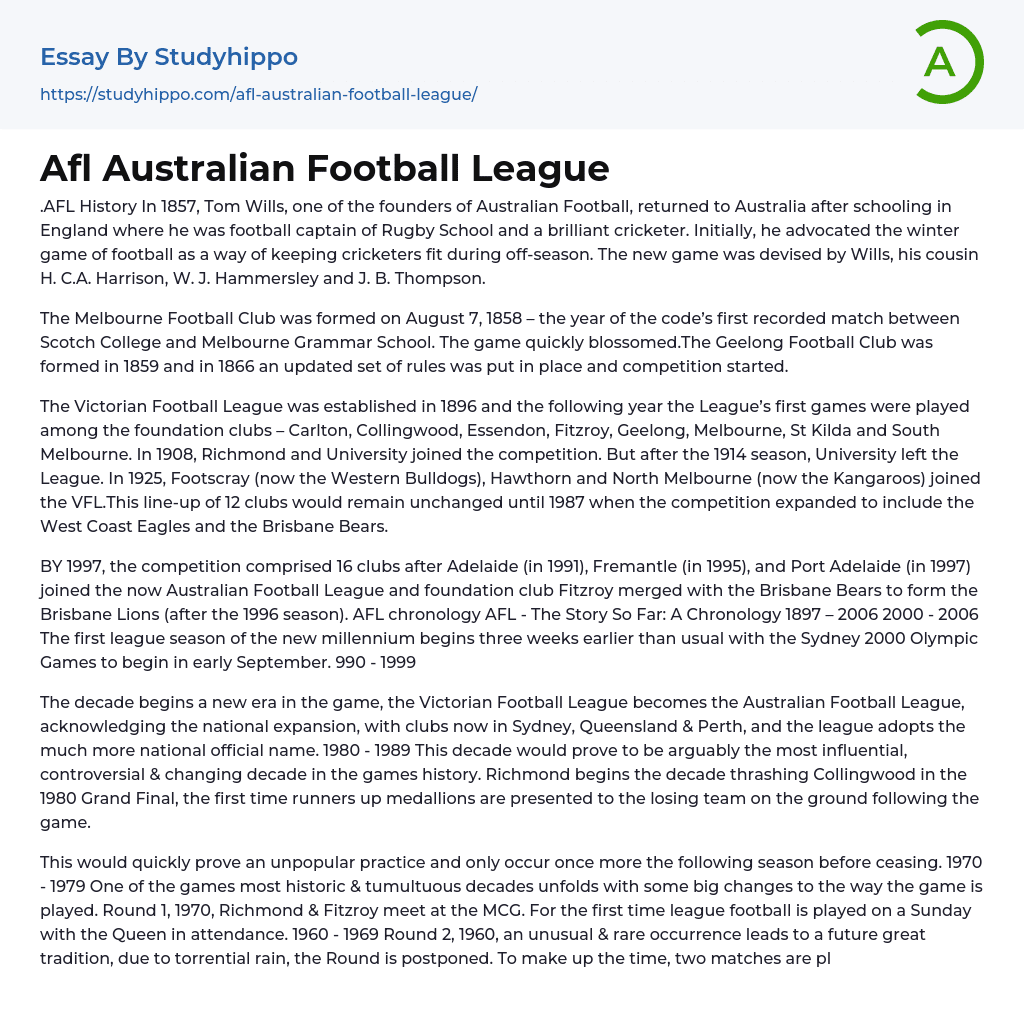 Afl Australian Football League Essay Example