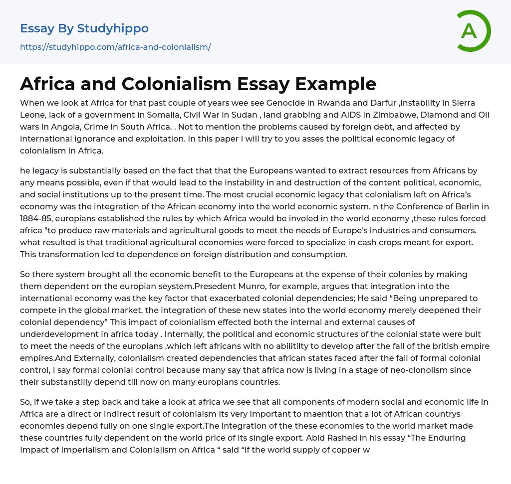 Africa and Colonialism Essay Example