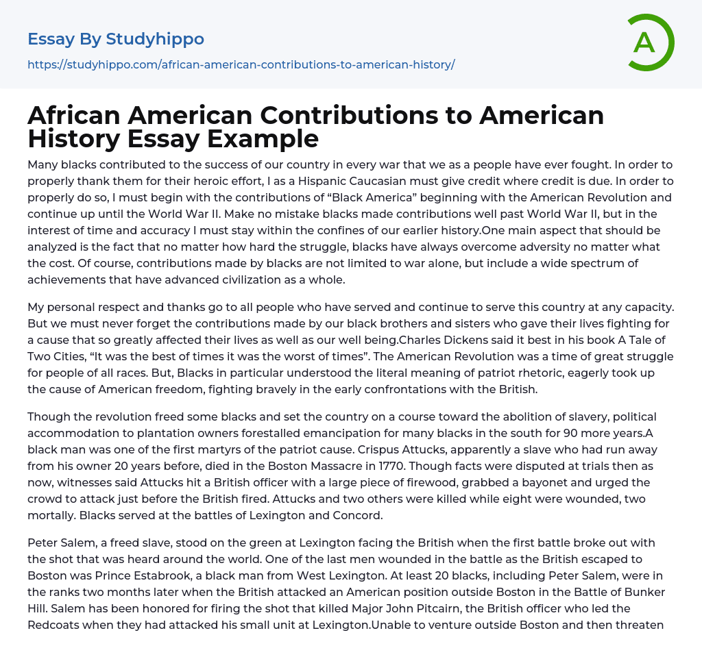 African American Contributions to American History Essay Example