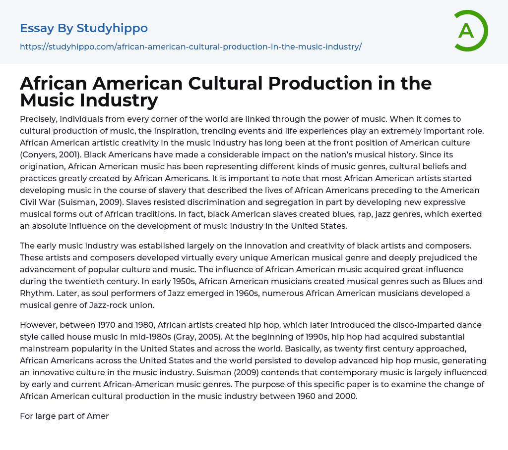 African American Cultural Production in the Music Industry Essay Example