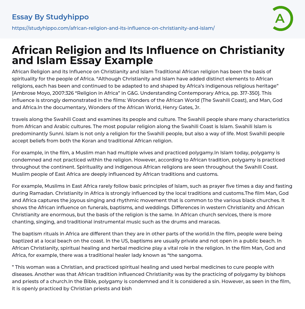 African Religion and Its Influence on Christianity and Islam Essay Example