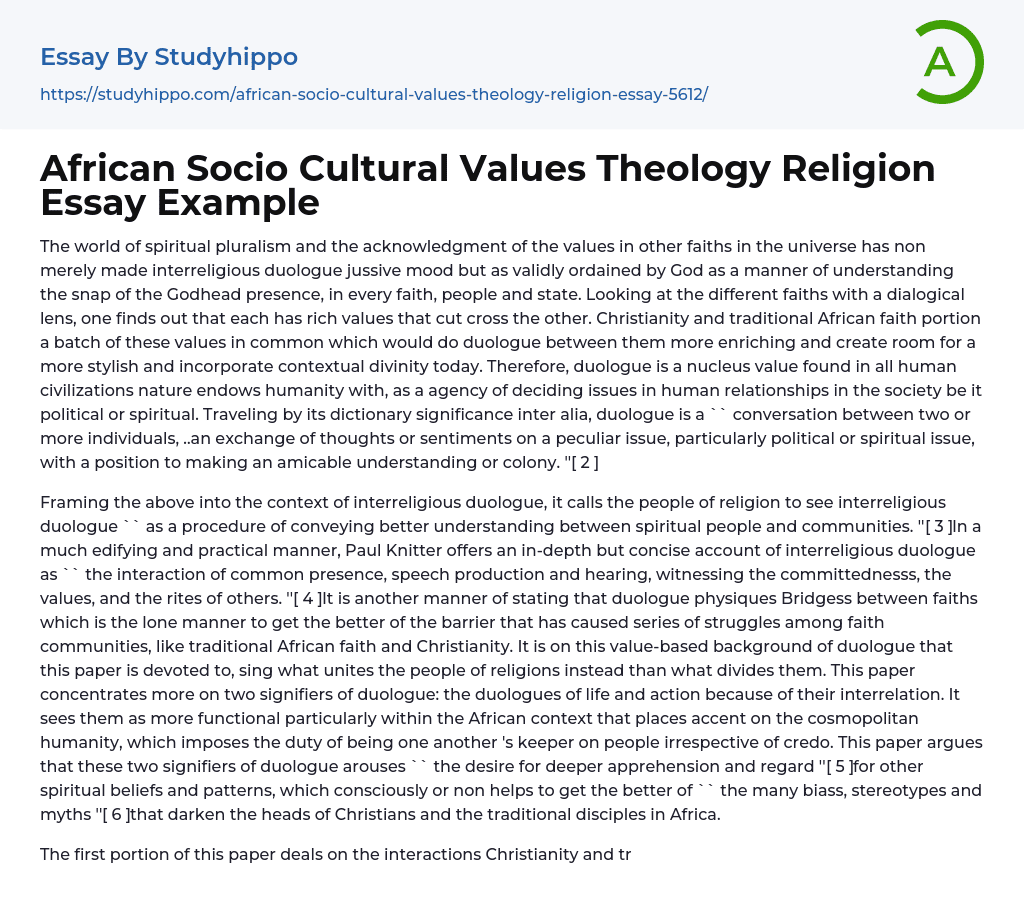 African Socio Cultural Values Theology Religion Essay Example