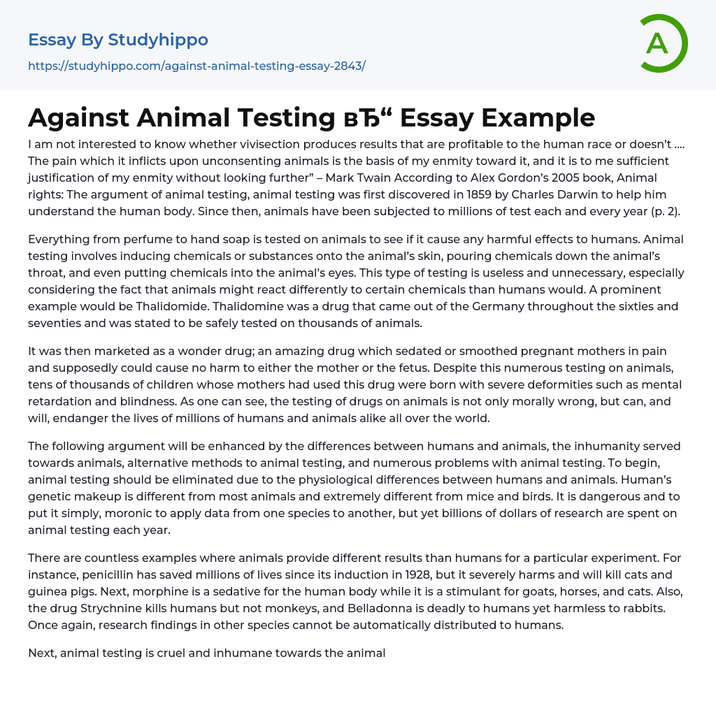 Against Animal Testing Essay Example
