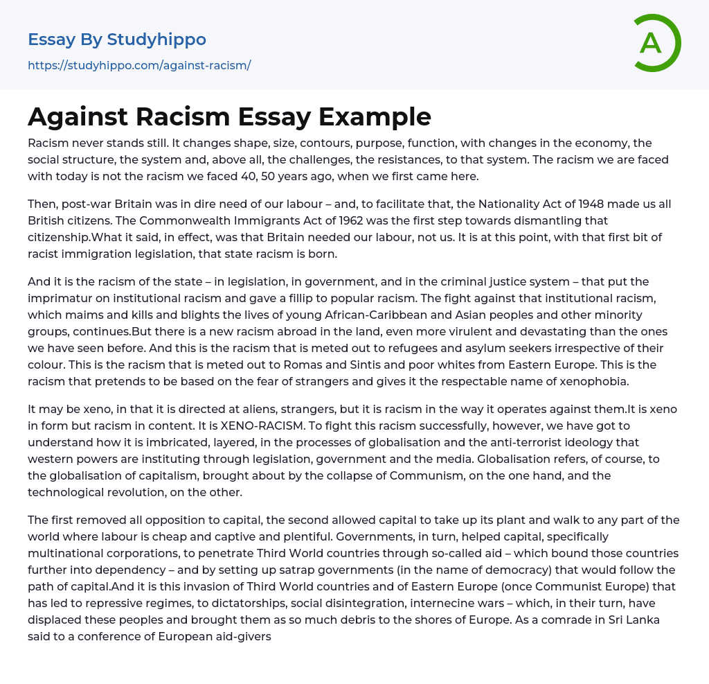 Against Racism Essay Example