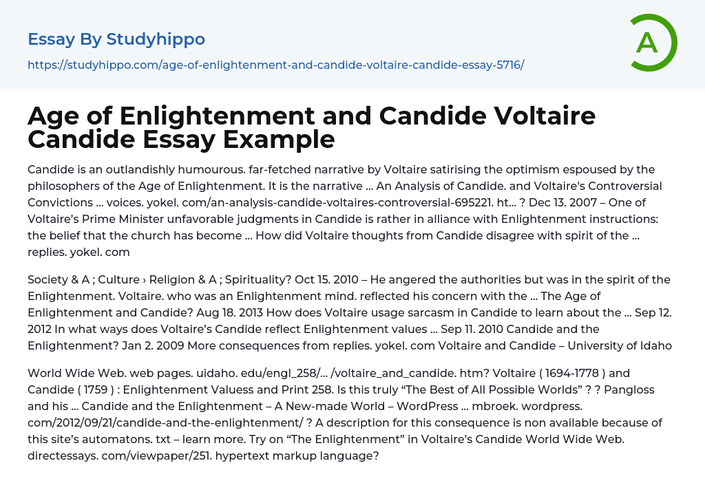 Age of Enlightenment and Candide Voltaire Candide Essay Example