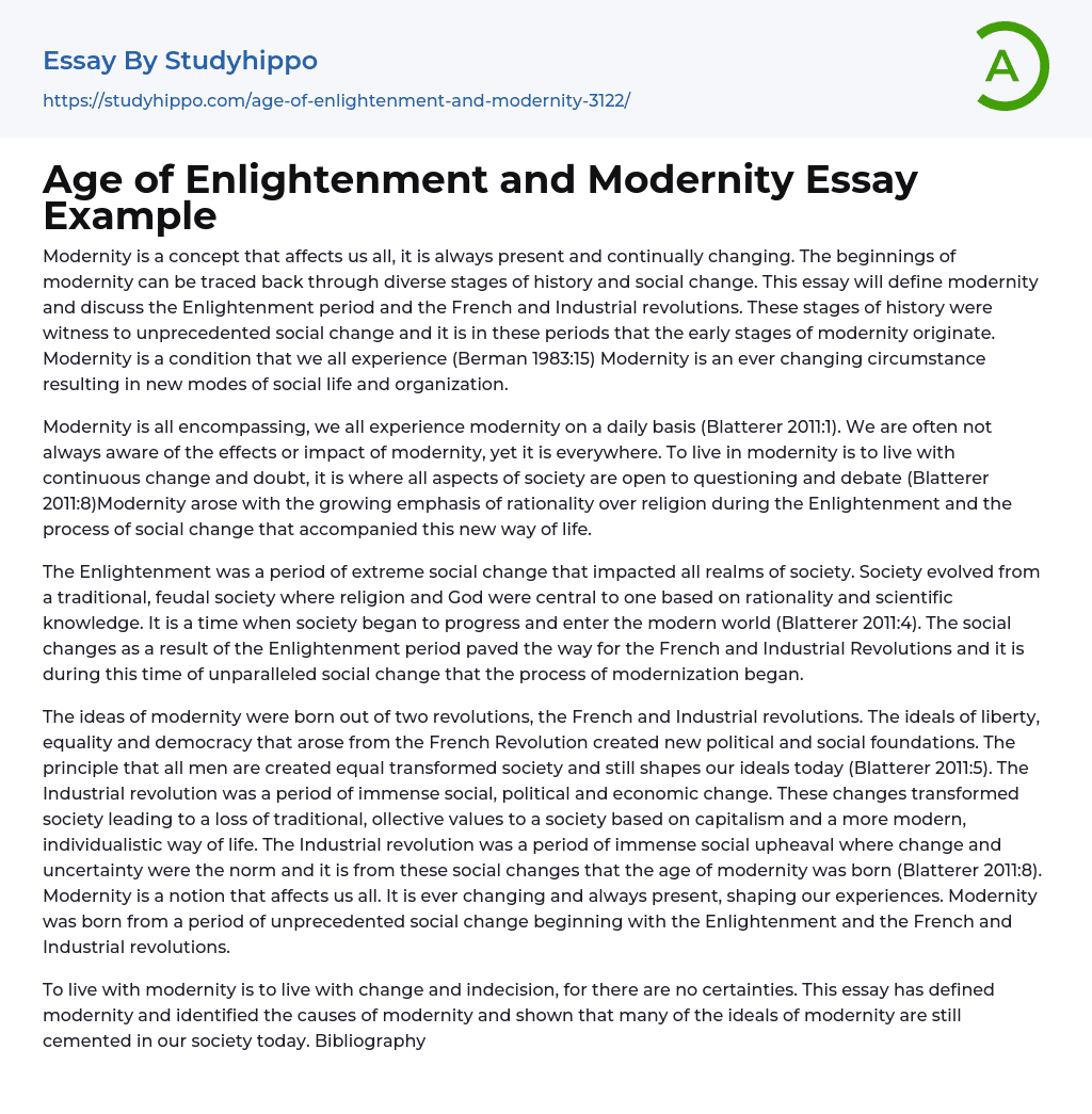 Age of Enlightenment and Modernity Essay Example