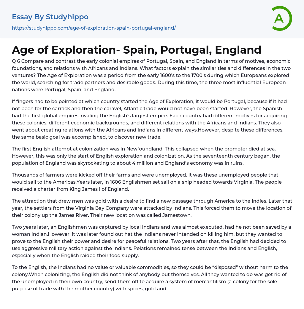 Age of Exploration- Spain, Portugal, England Essay Example