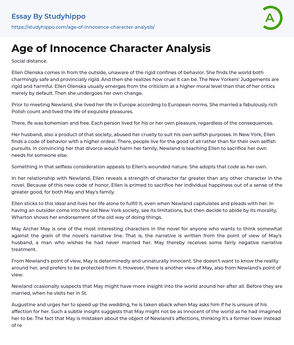 Age of Innocence Character Analysis Essay Example