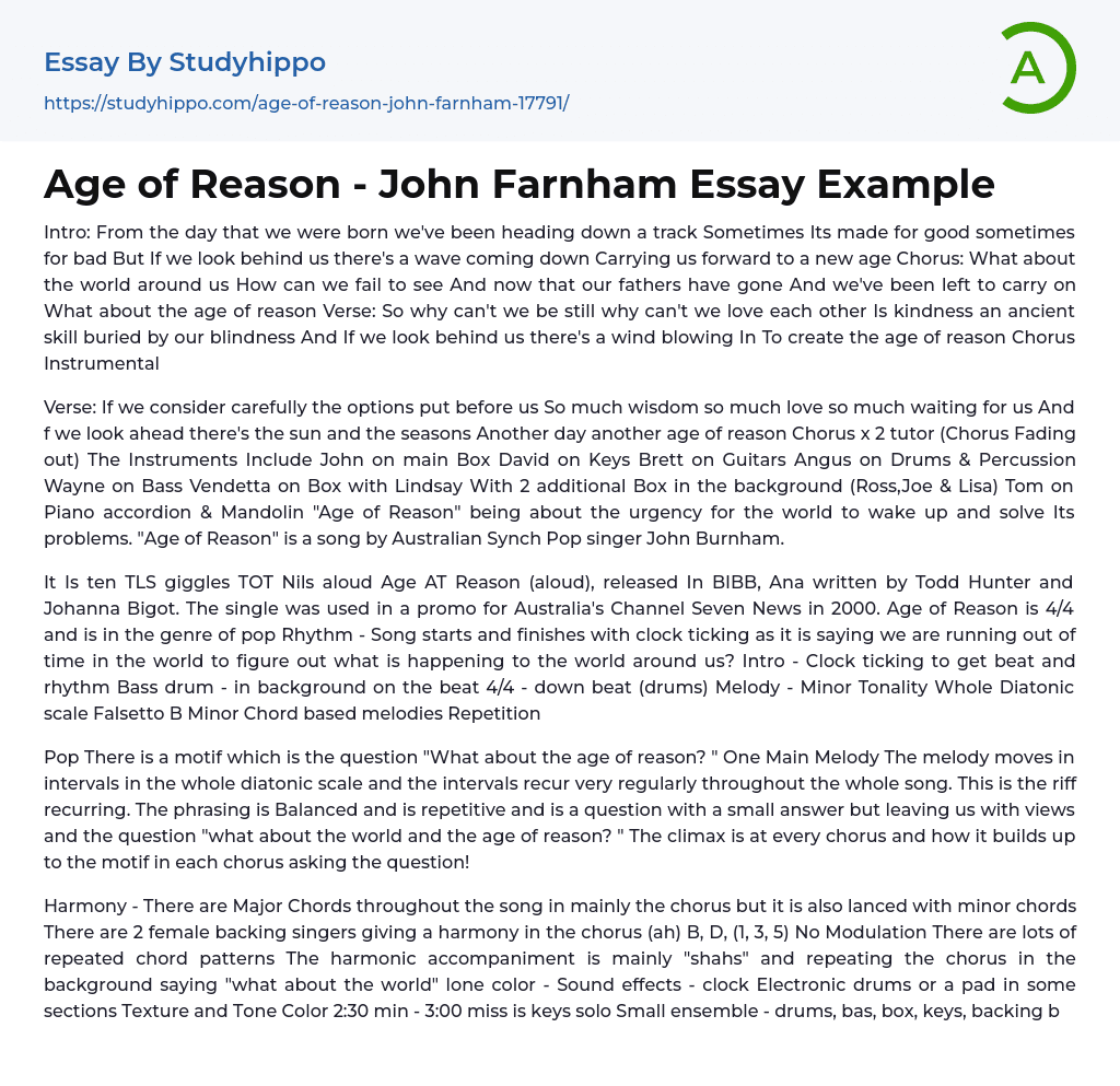 Age of Reason – John Farnham Essay Example