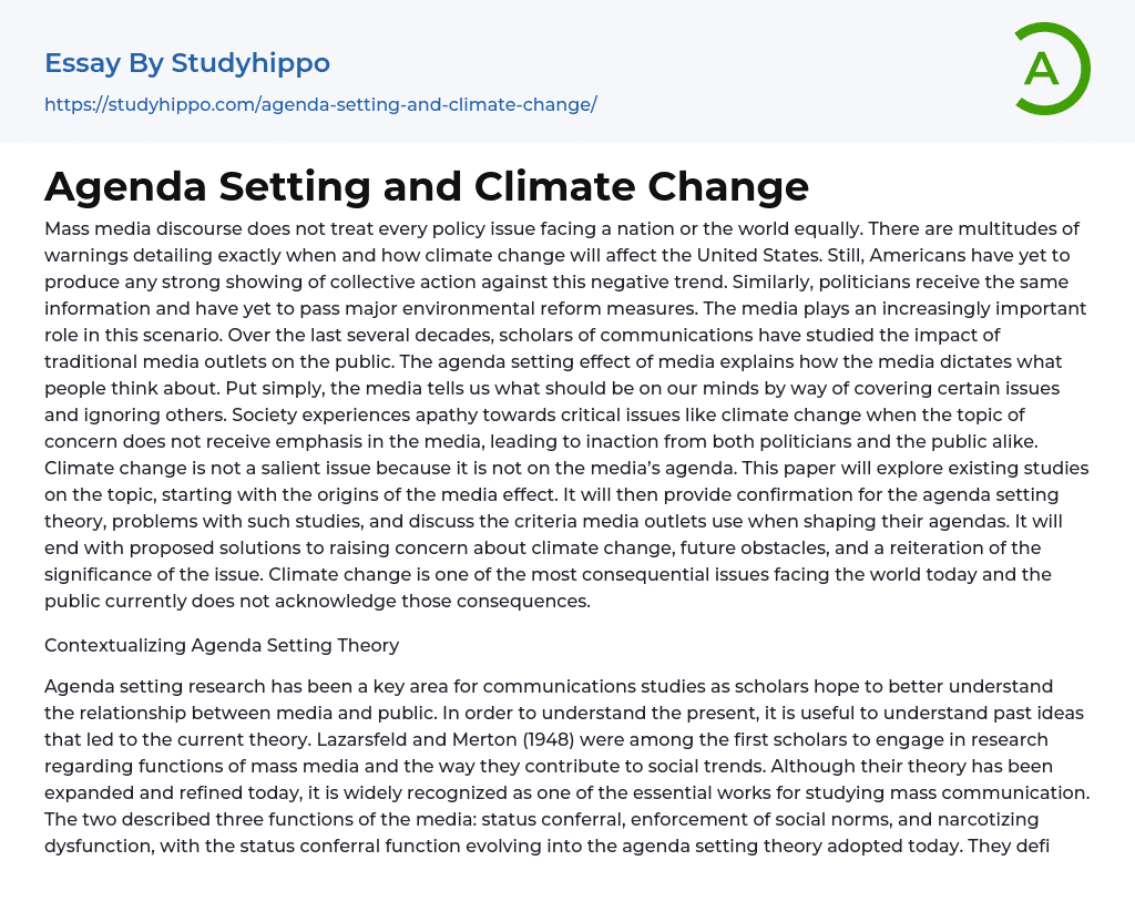 Agenda Setting and Climate Change Essay Example