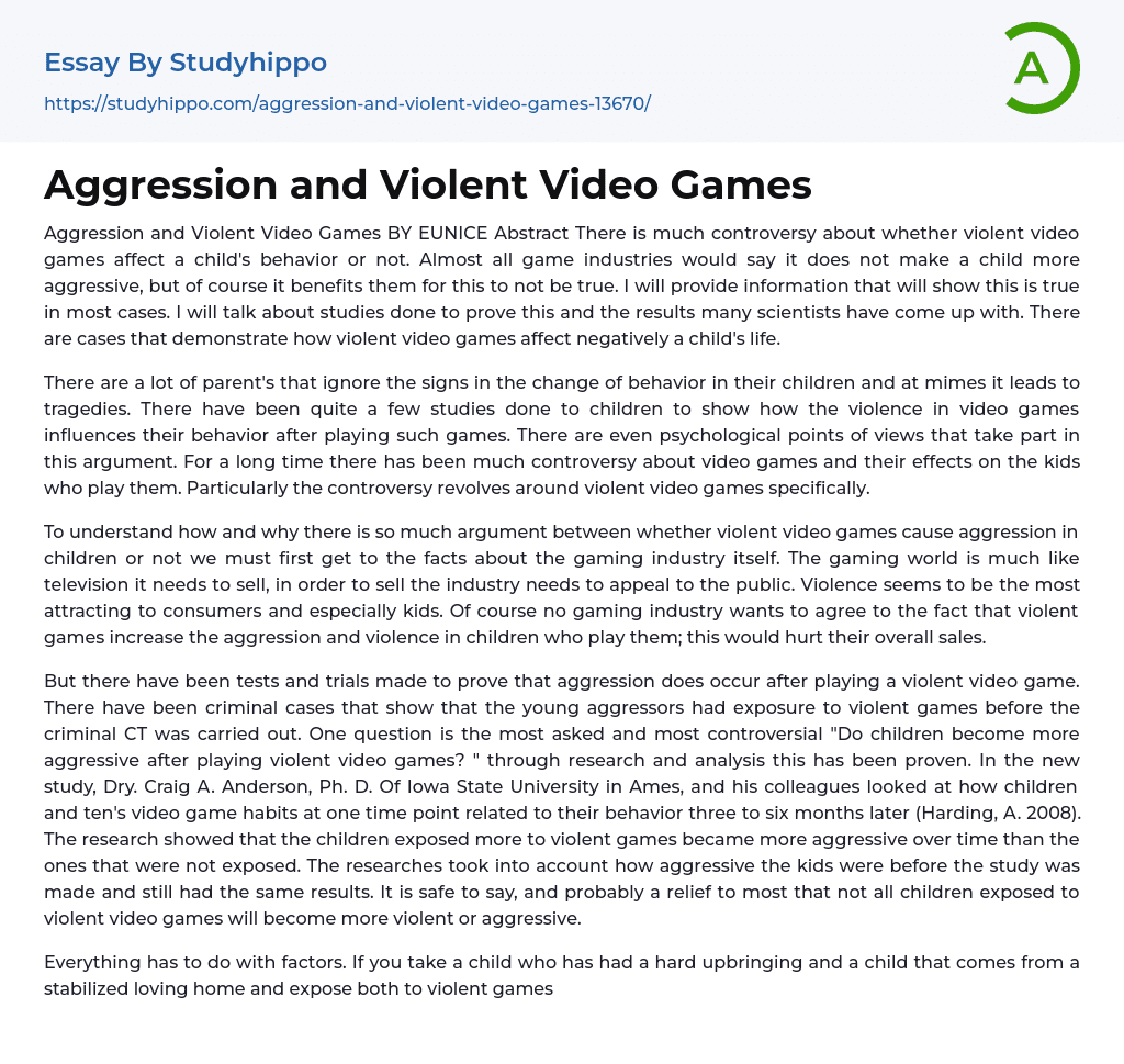 Aggression and Violent Video Games Essay Example