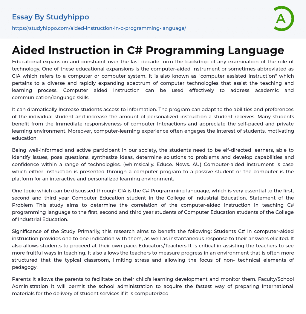 Aided Instruction in C# Programming Language Essay Example