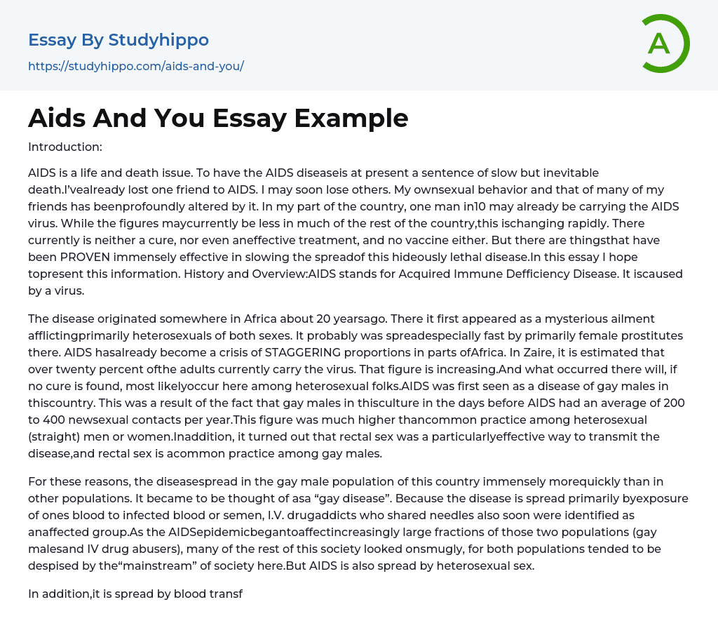 Aids And You Essay Example