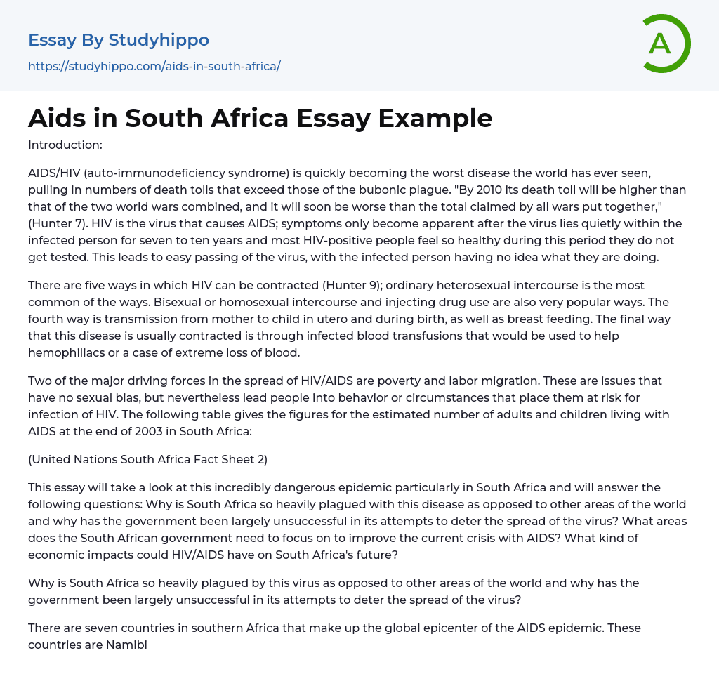 Aids in South Africa Essay Example