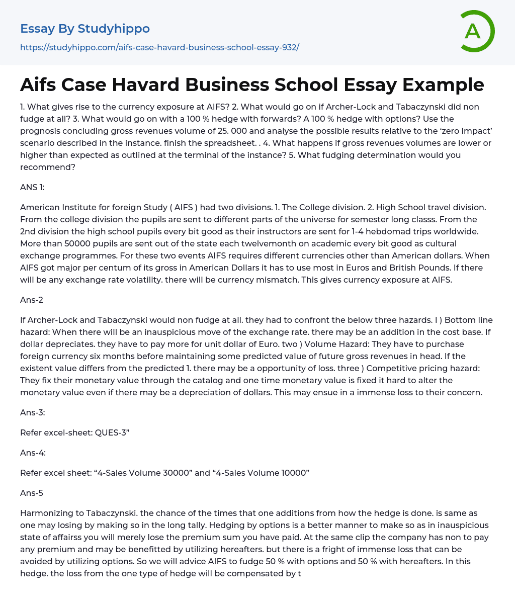 Aifs Case Havard Business School Essay Example