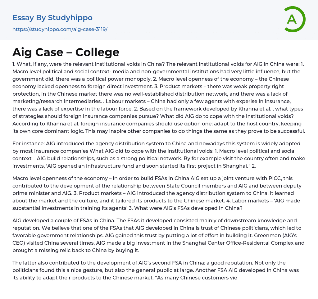 Aig Case – College Essay Example