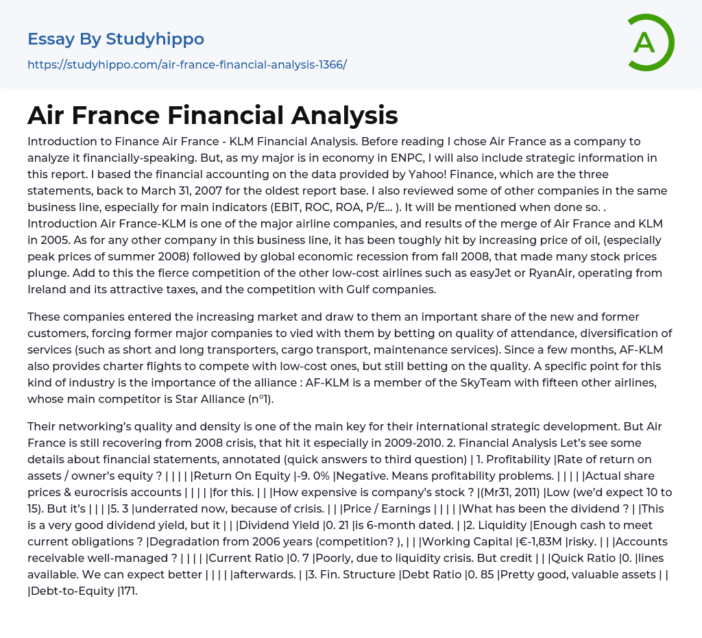 Air France Financial Analysis Essay Example