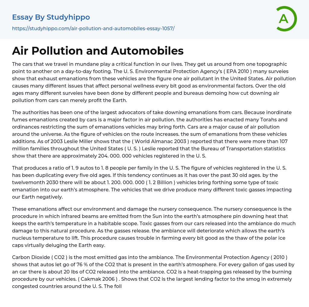 Air Pollution and Automobiles Essay Example