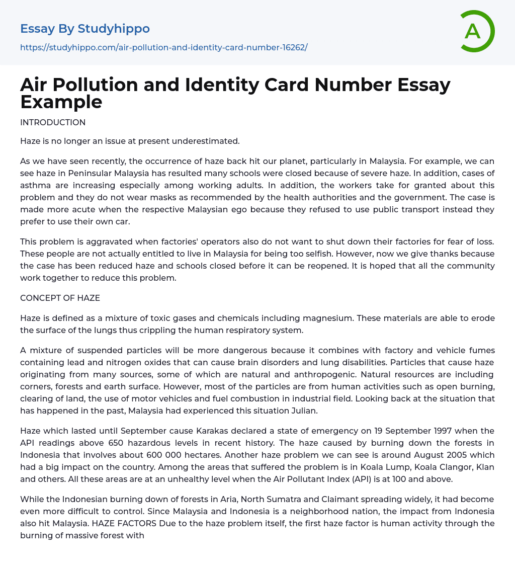Air Pollution and Identity Card Number Essay Example