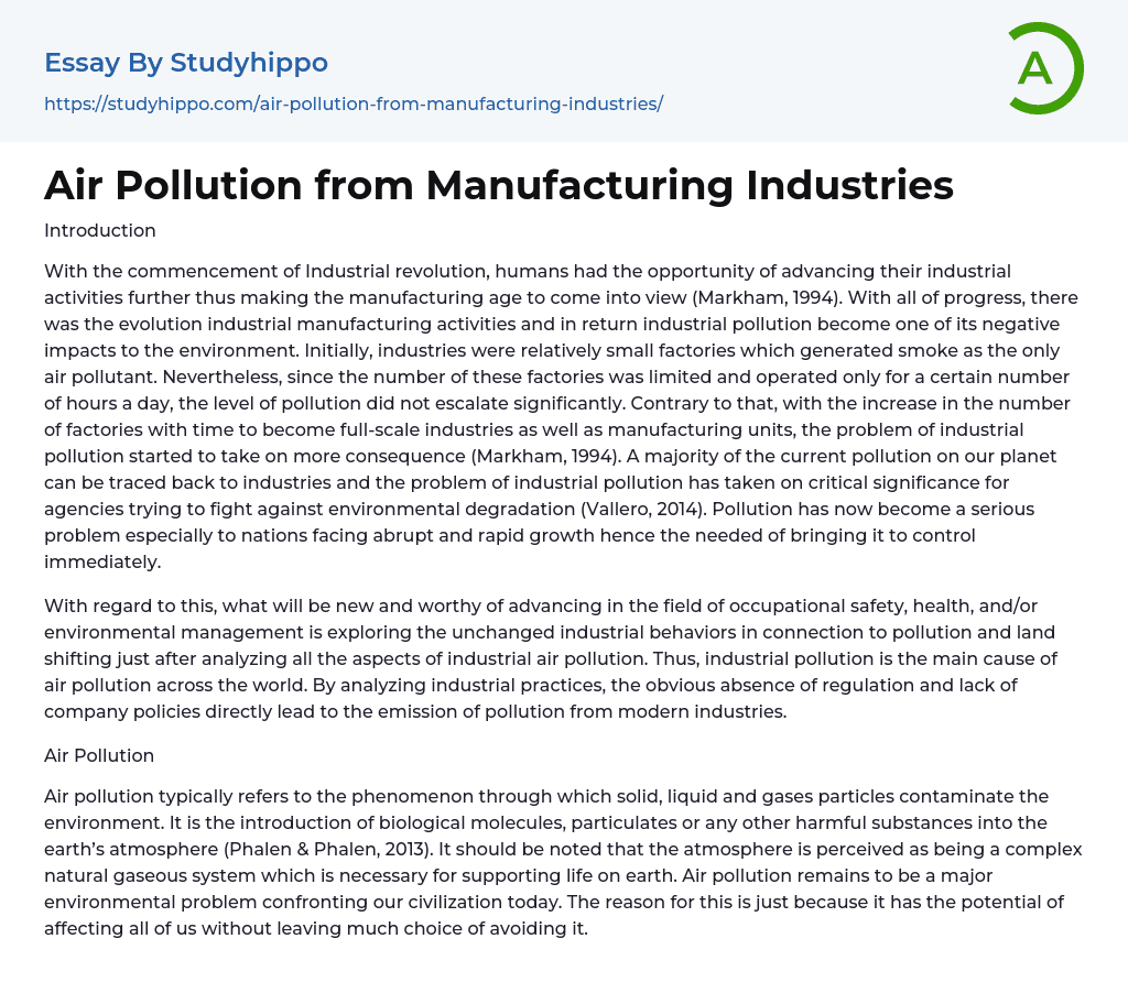 Air Pollution from Manufacturing Industries Essay Example