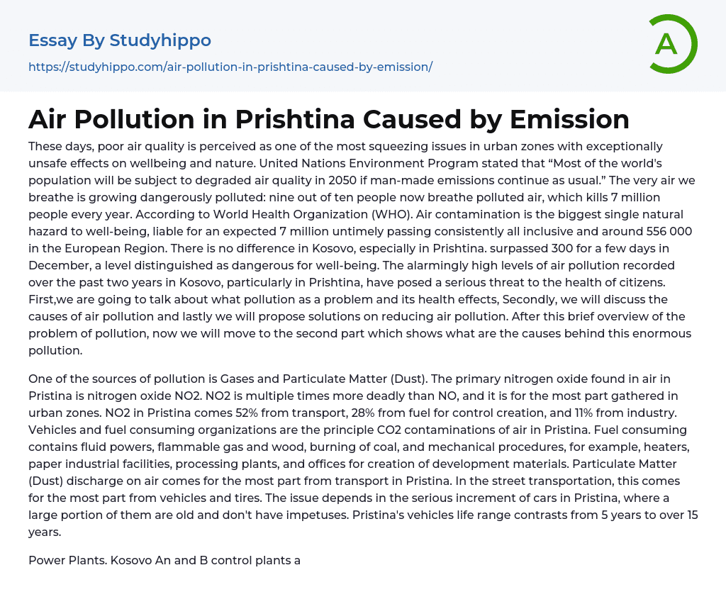 Air Pollution in Prishtina Caused by Emission Essay Example
