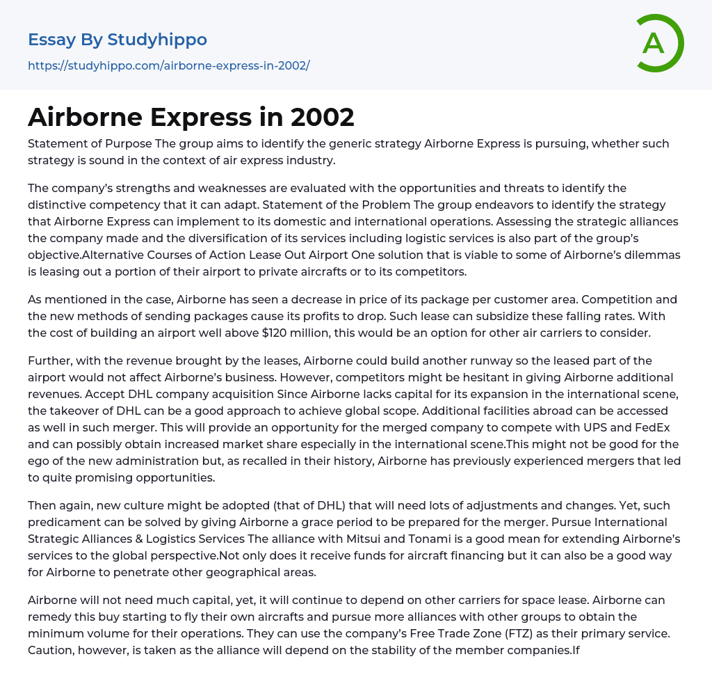 Airborne Express in 2002 Essay Example