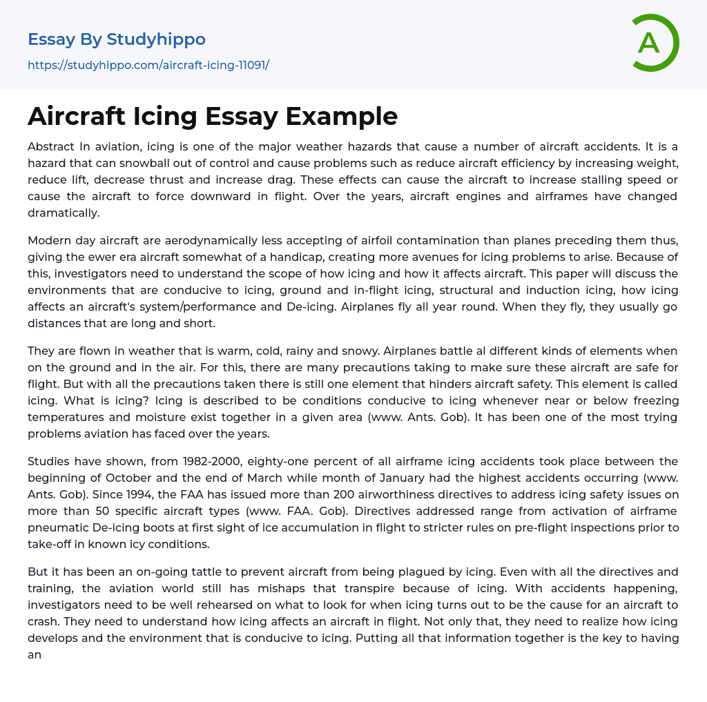 Aircraft Icing Essay Example