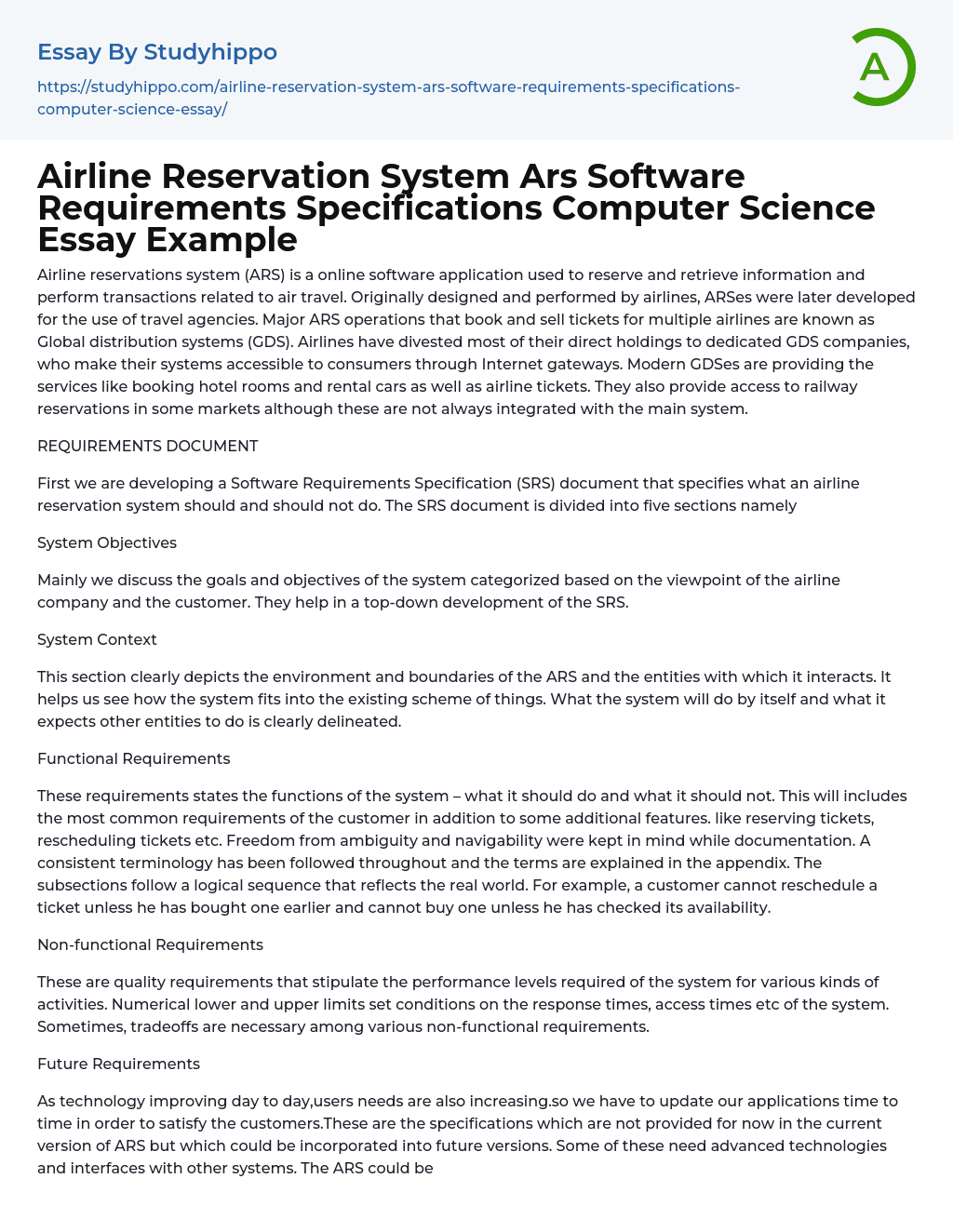 Airline Reservation System Ars Software Requirements Specifications Computer Science Essay Example