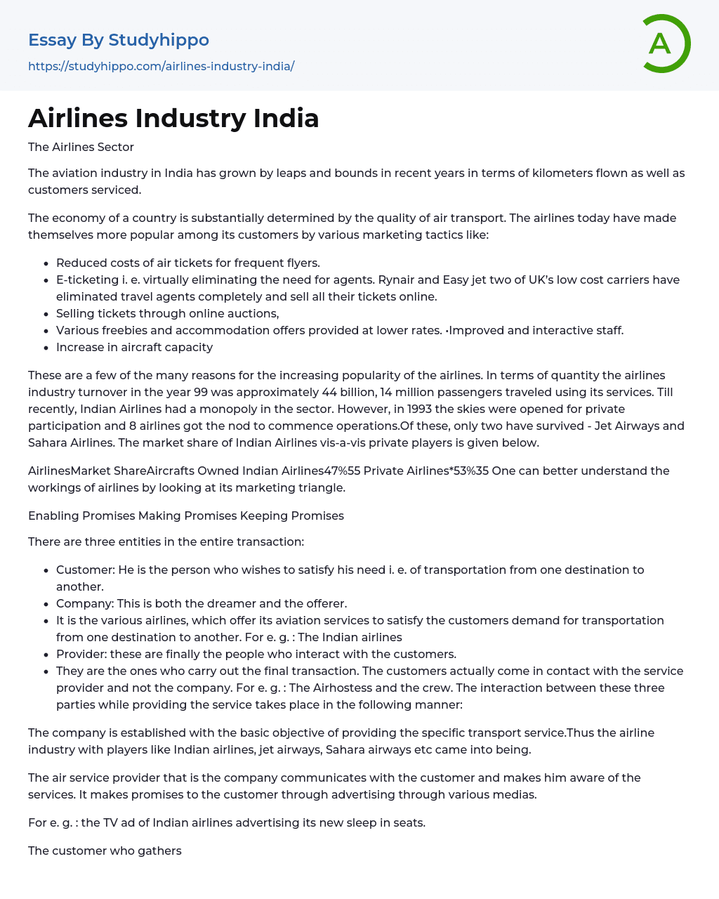 Airlines Industry India Essay Example