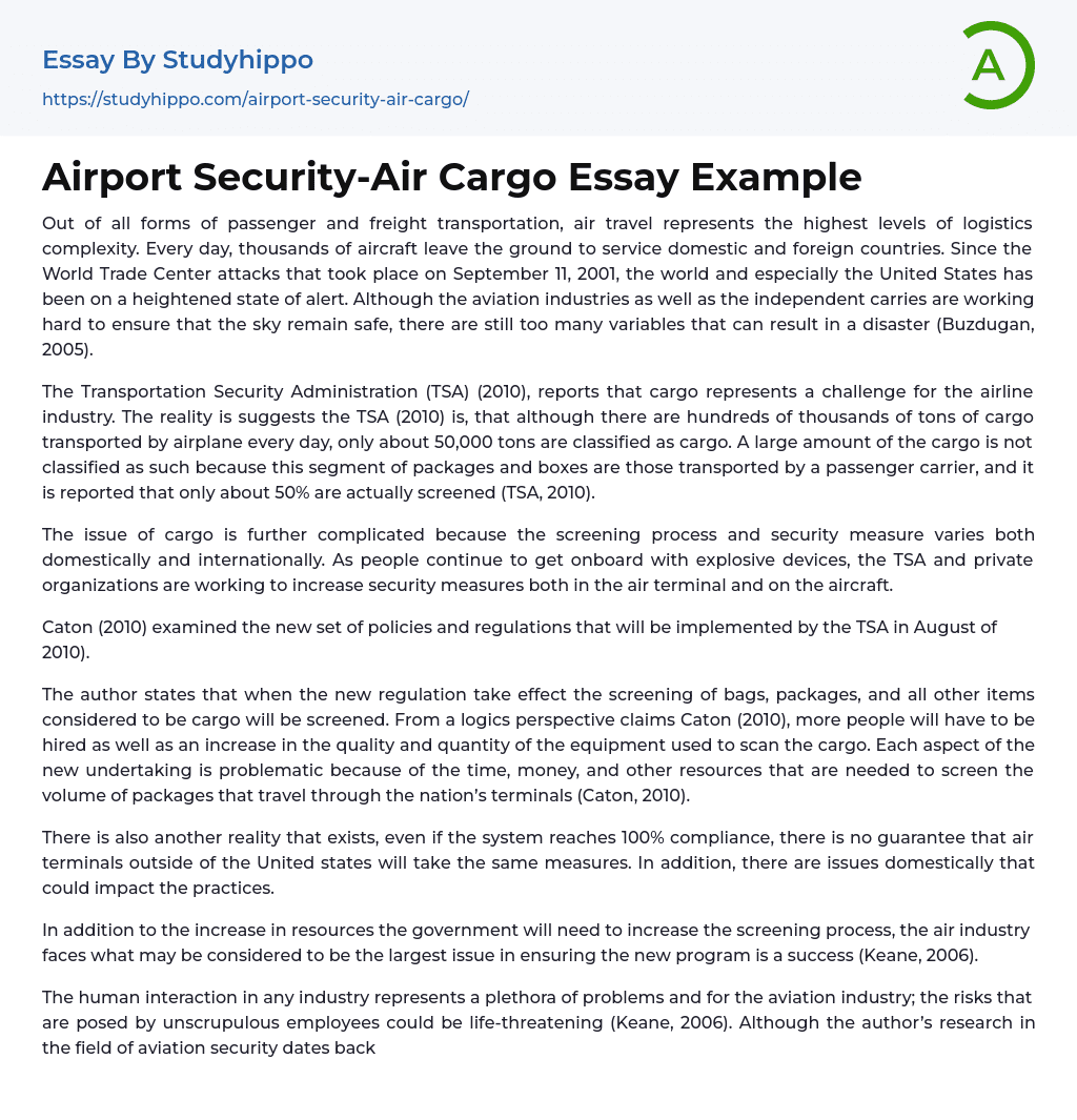Airport Security-Air Cargo Essay Example