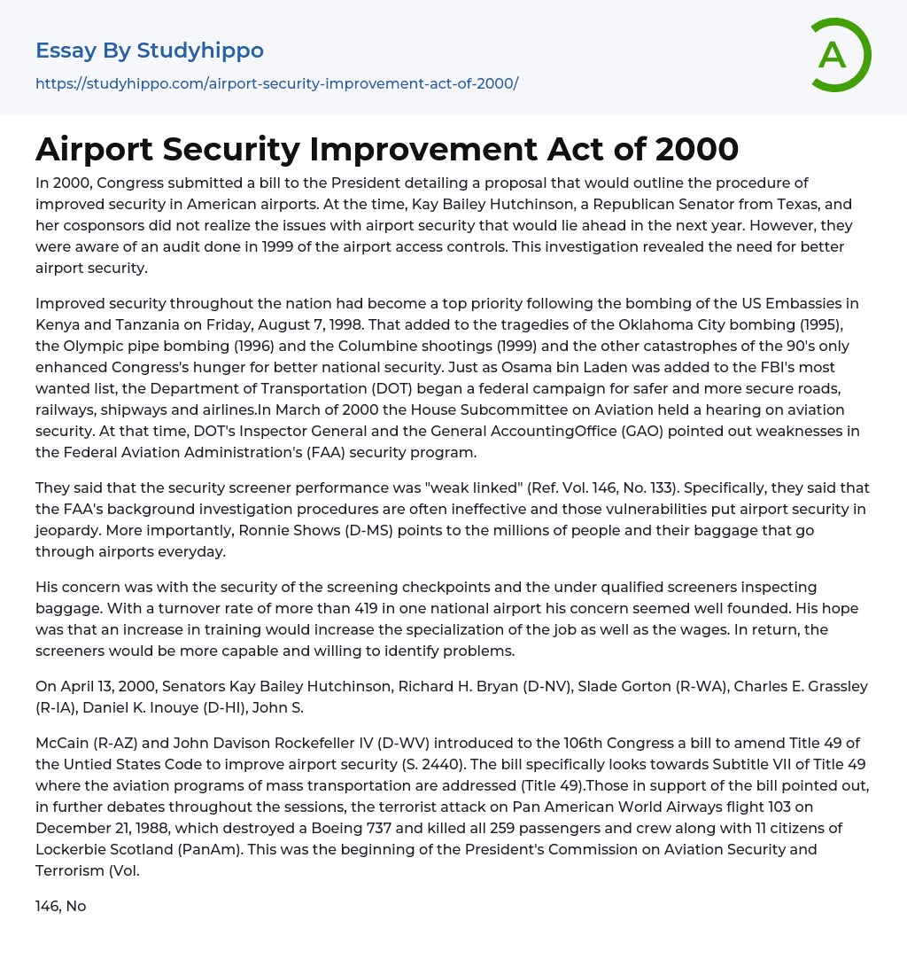 Airport Security Improvement Act of 2000 Essay Example