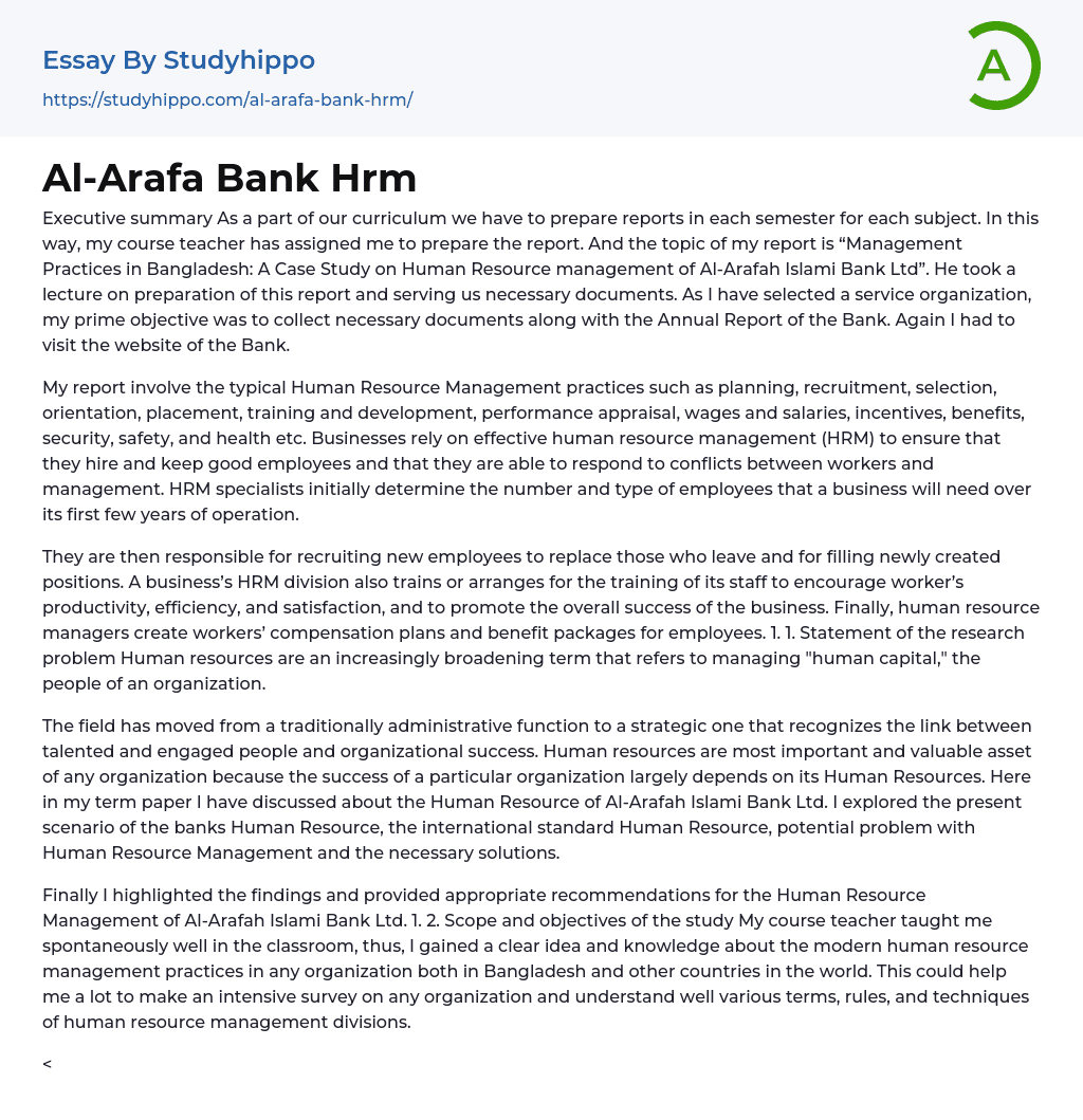 Al-Arafa Bank Hrm Essay Example