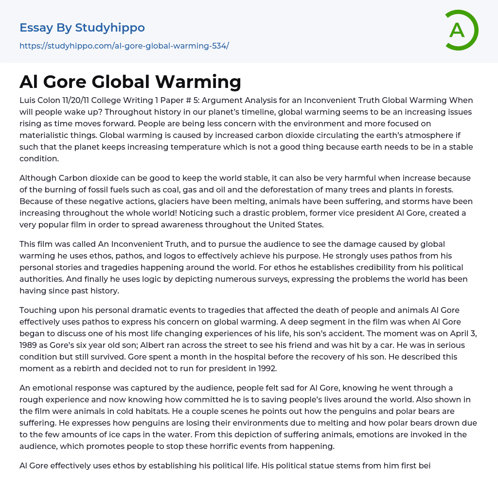 Al Gore Global Warming Essay Example