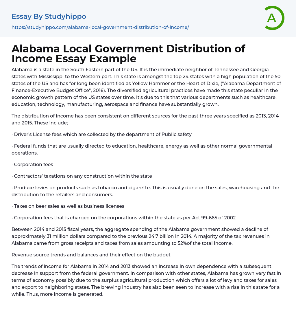 Alabama Local Government Distribution of Income Essay Example
