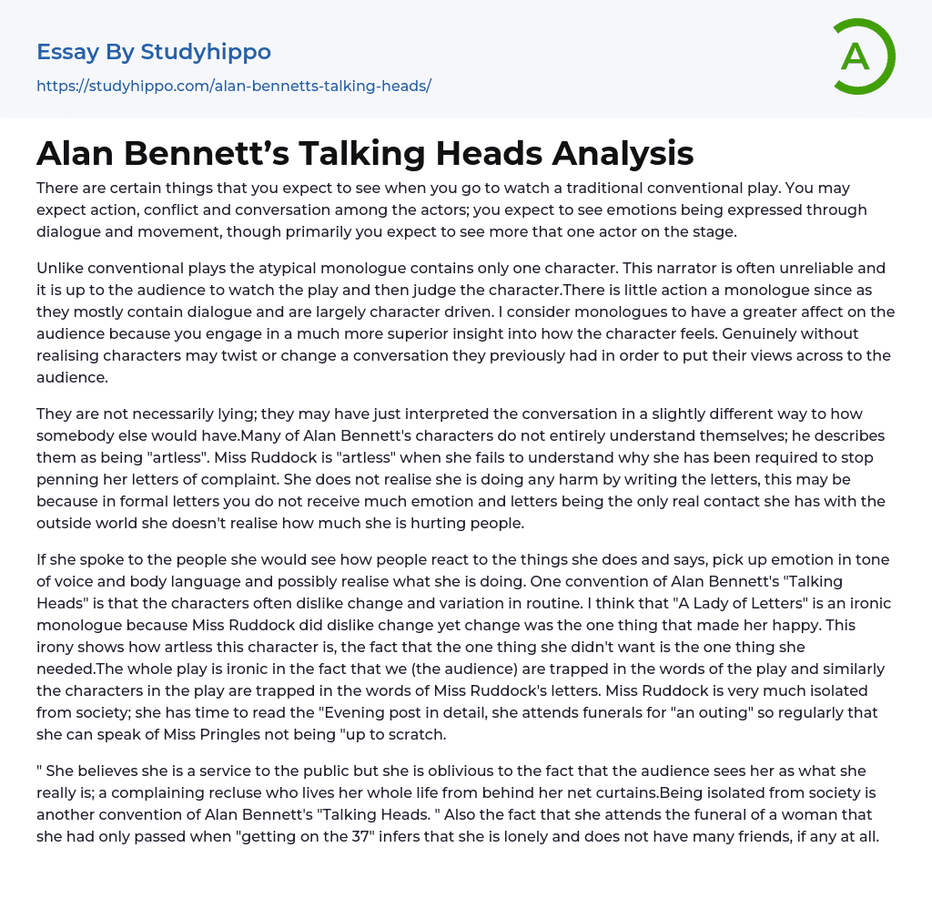 Alan Bennett’s Talking Heads Analysis Essay Example