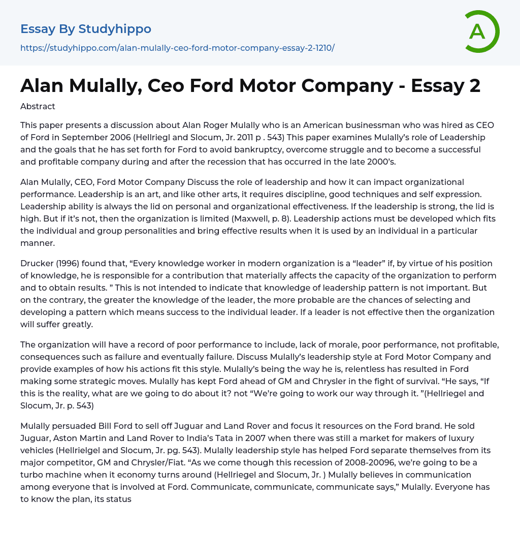 Alan Mulally, Ceo Ford Motor Company – Essay 2