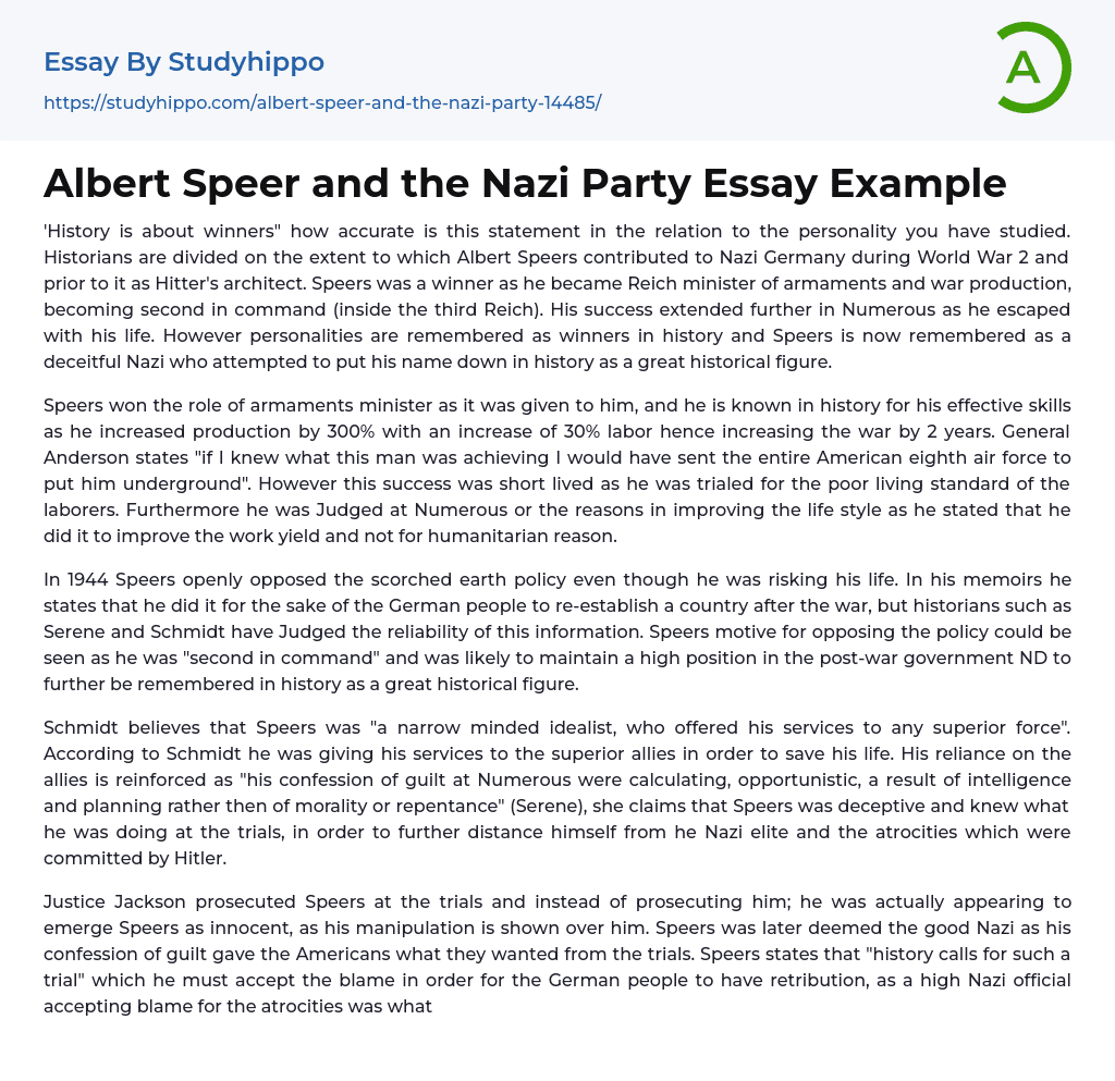 Albert Speer and the Nazi Party Essay Example