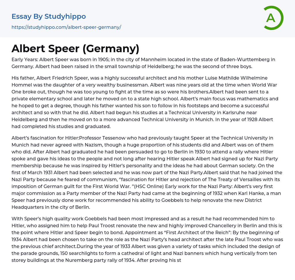 Albert Speer (Germany) Essay Example