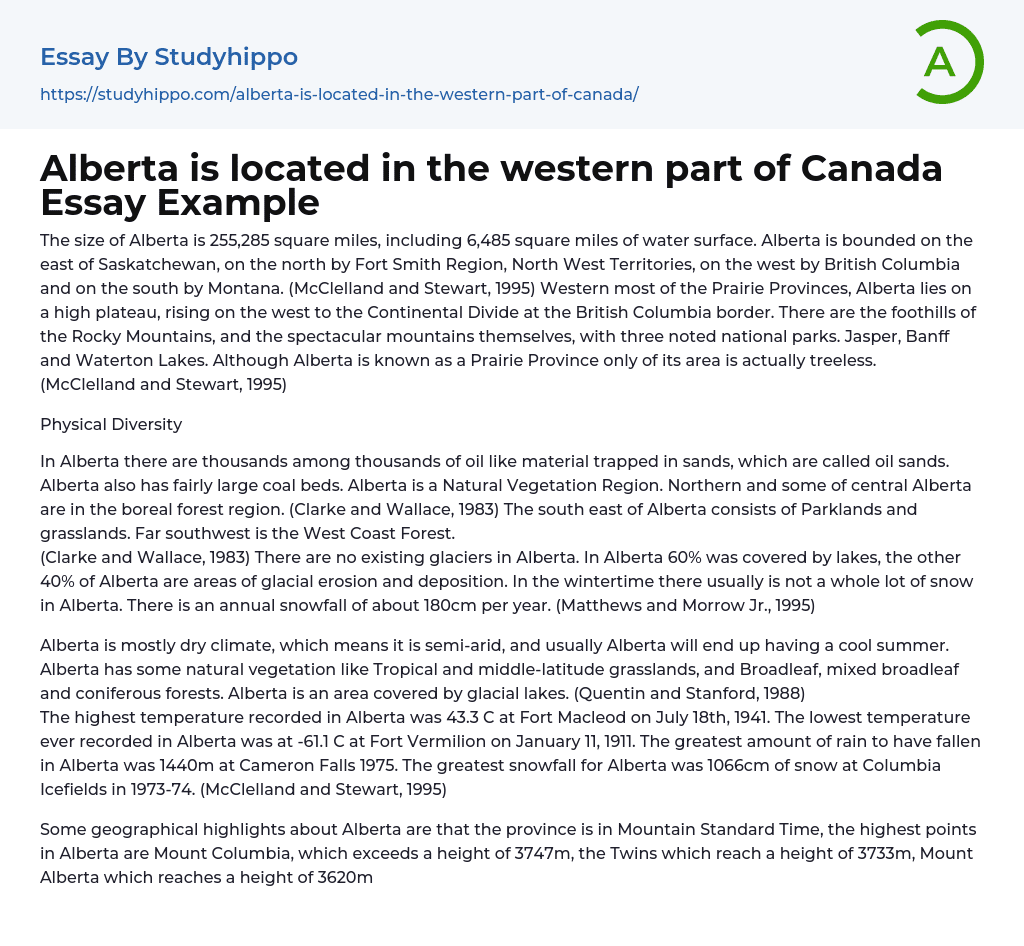 Alberta is located in the western part of Canada Essay Example