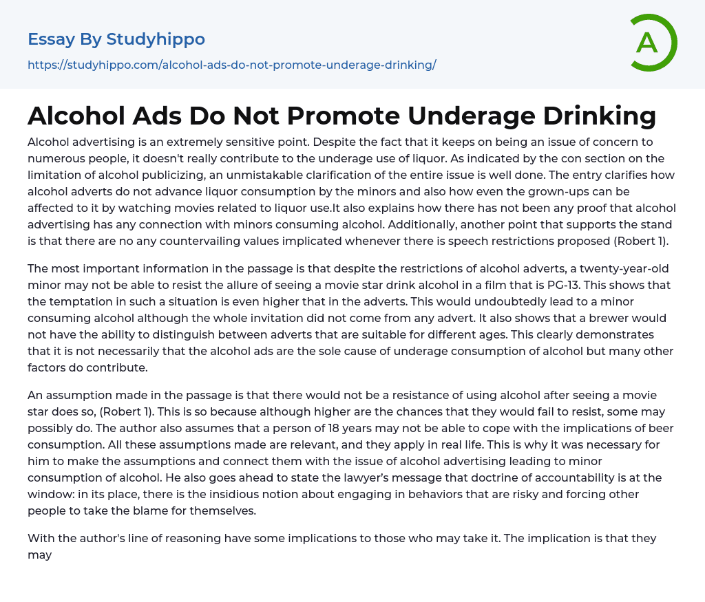 Alcohol Ads Do Not Promote Underage Drinking Essay Example