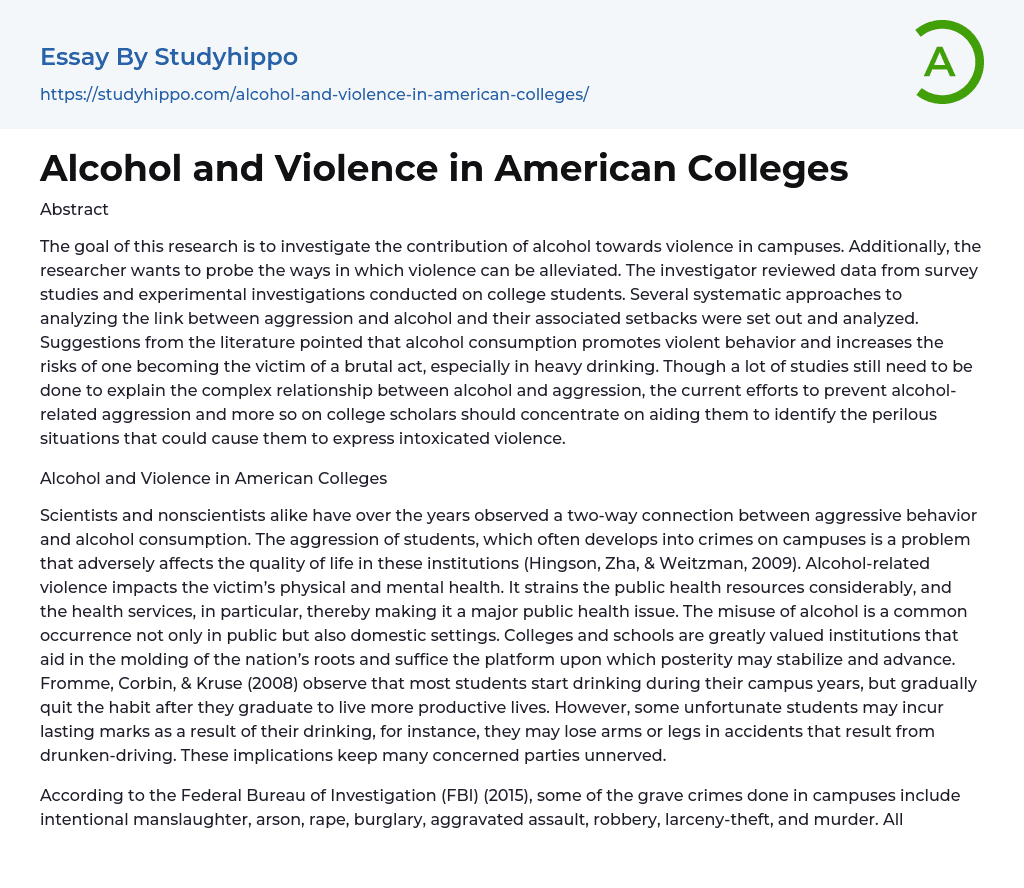 Alcohol and Violence in American Colleges Essay Example