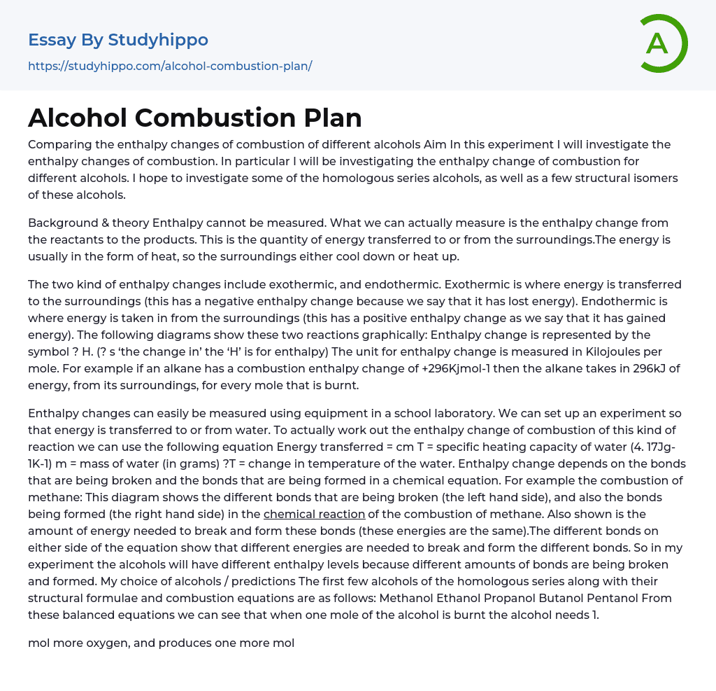 Alcohol Combustion Plan Essay Example