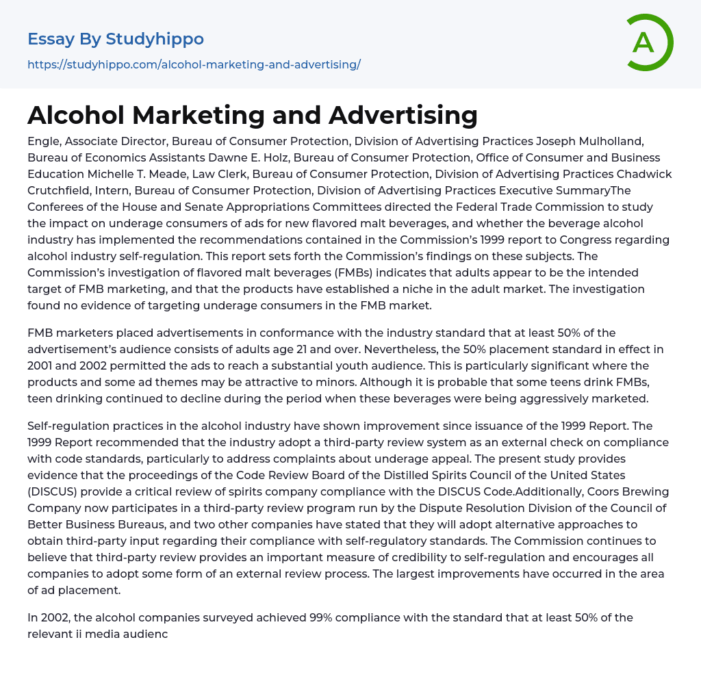 Alcohol Marketing and Advertising Essay Example