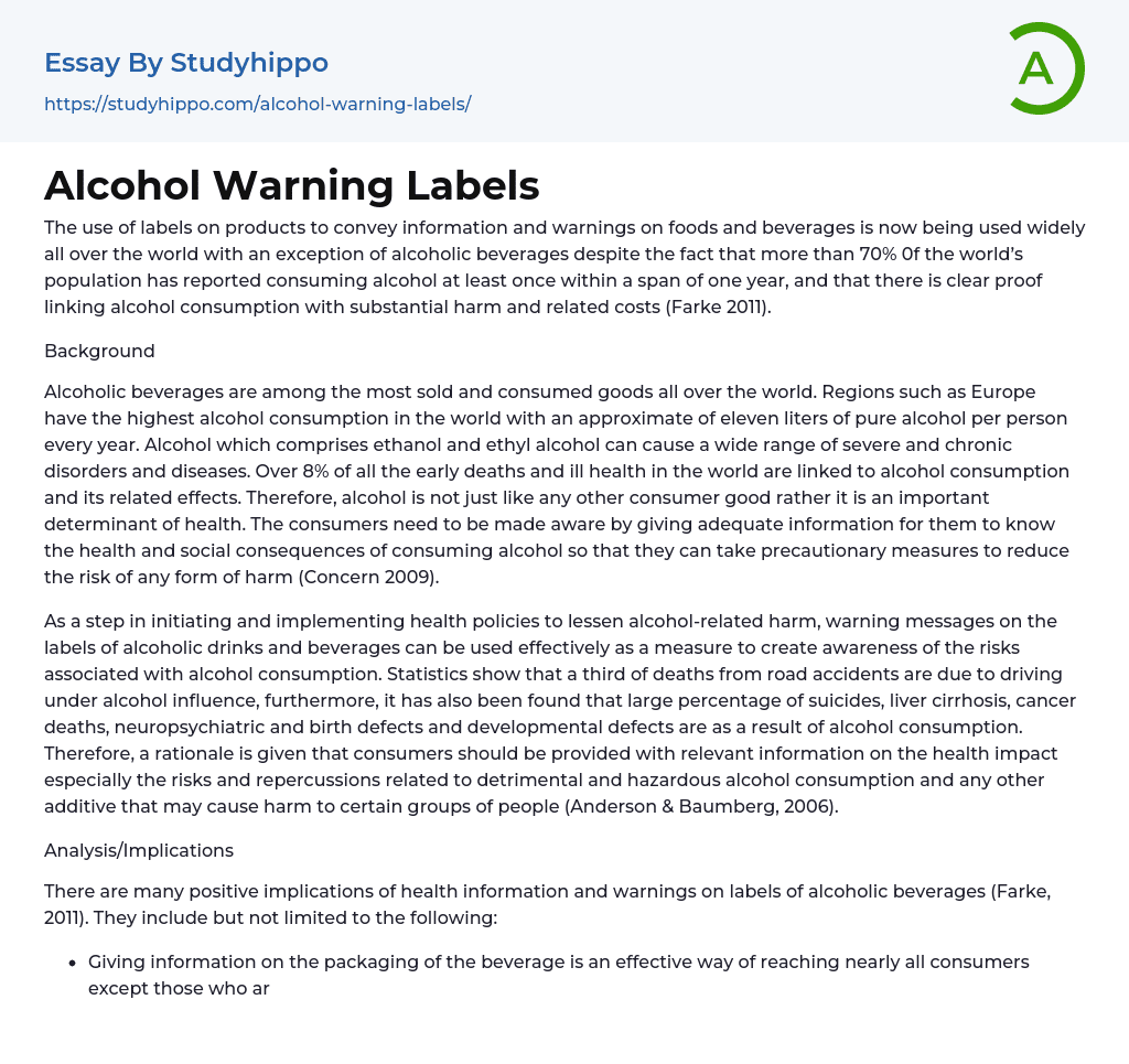 Alcohol Warning Labels Essay Example