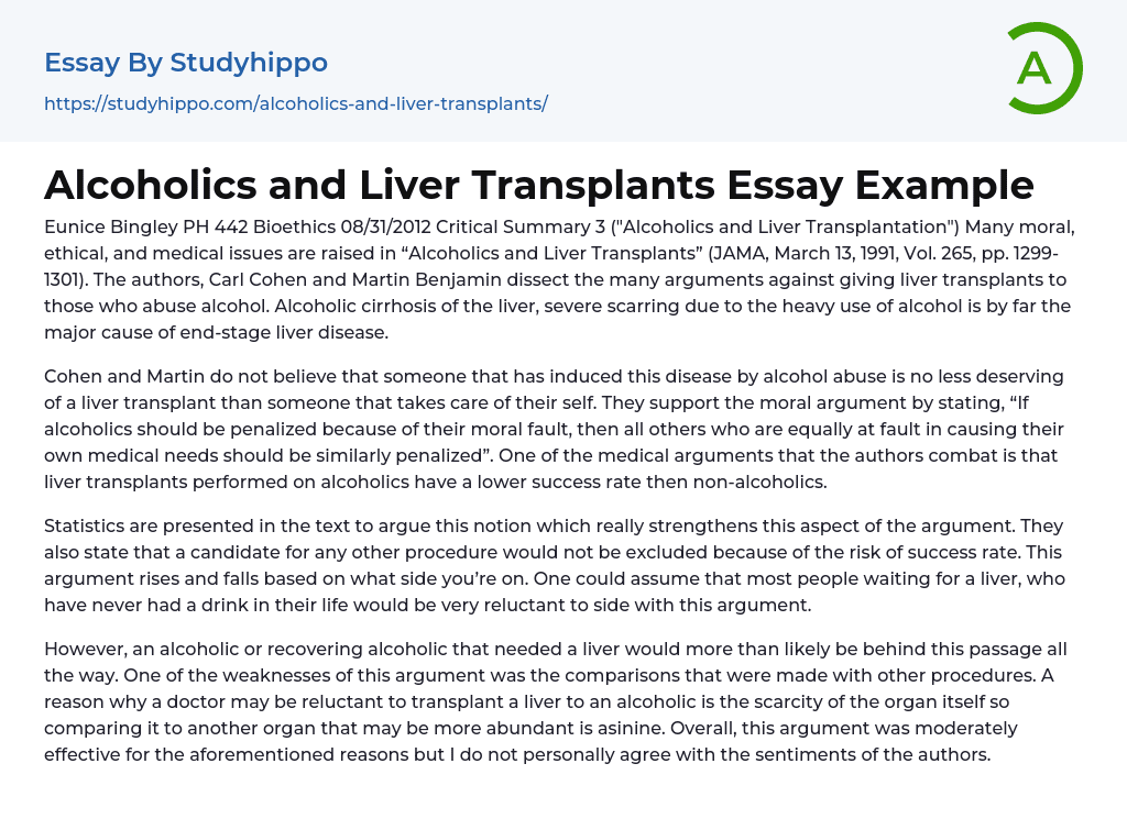 Alcoholics and Liver Transplants Essay Example