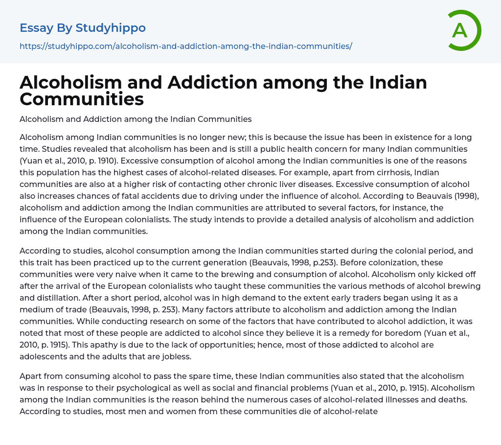 Alcoholism and Addiction among the Indian Communities Essay Example