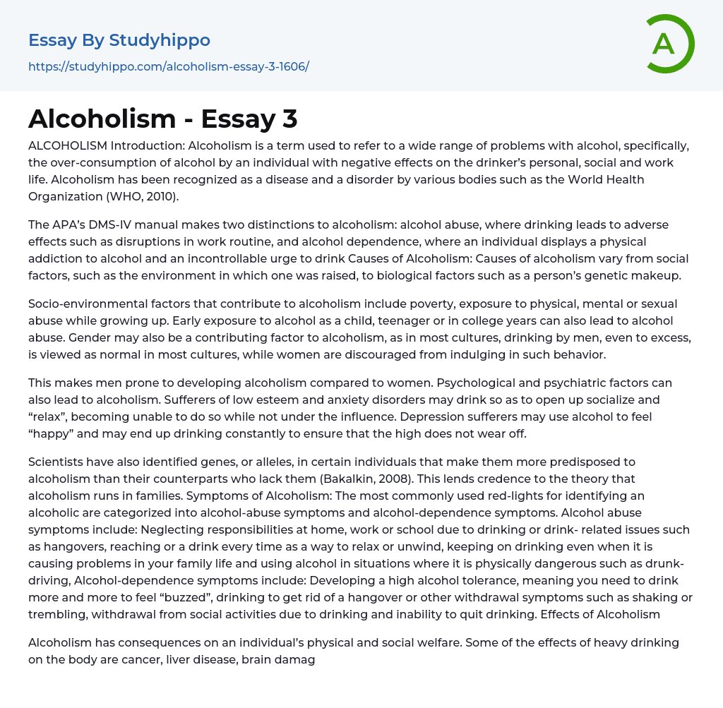 Alcoholism – Essay 3