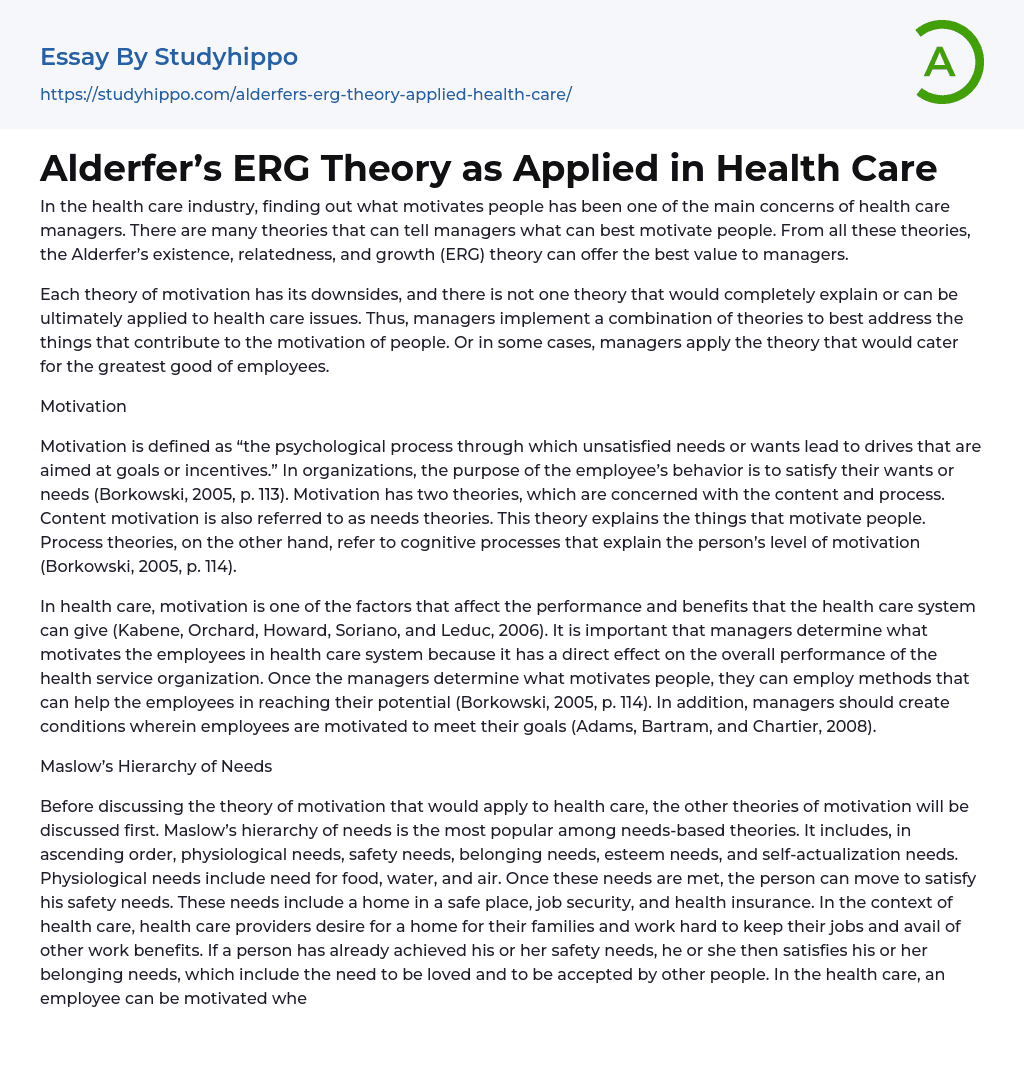Alderfer’s ERG Theory as Applied in Health Care Essay Example