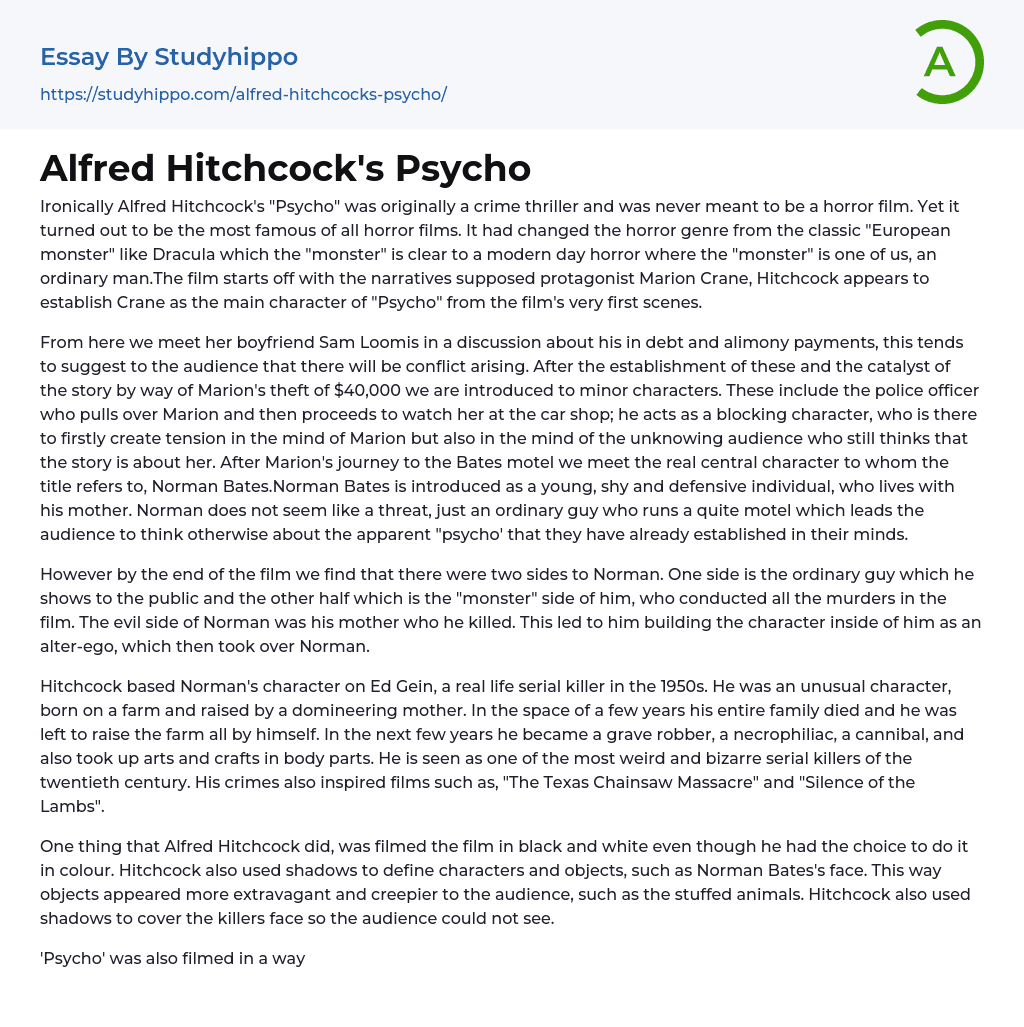 Alfred Hitchcock’s Psycho Essay Example